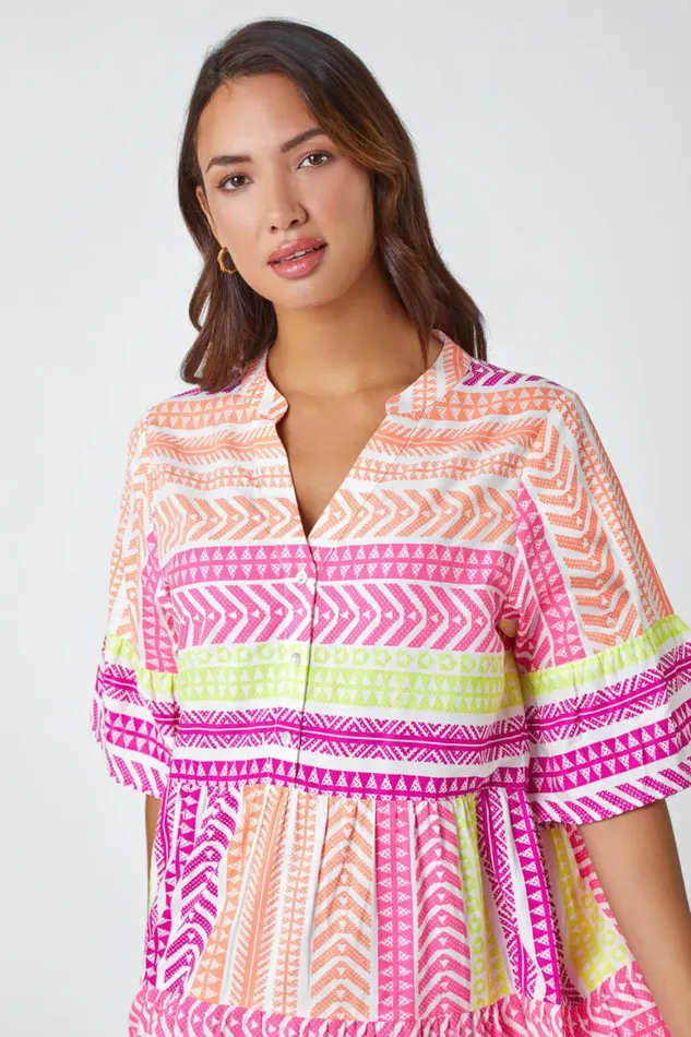 Women Multi Aztec Print Smock Dress Roman Dresses