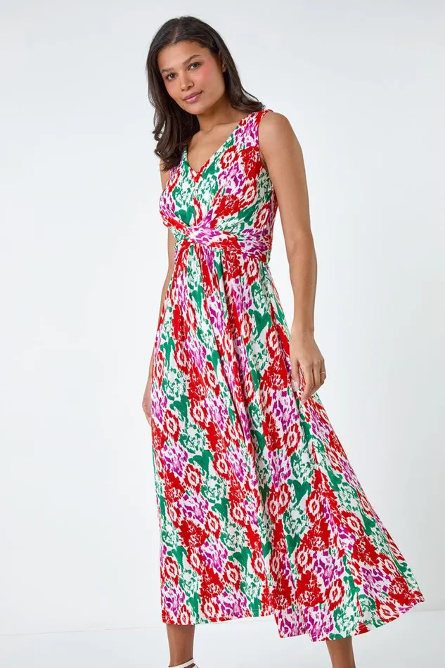 Women Multi Aztec Print Twist Waist Midi Dress Roman Dresses