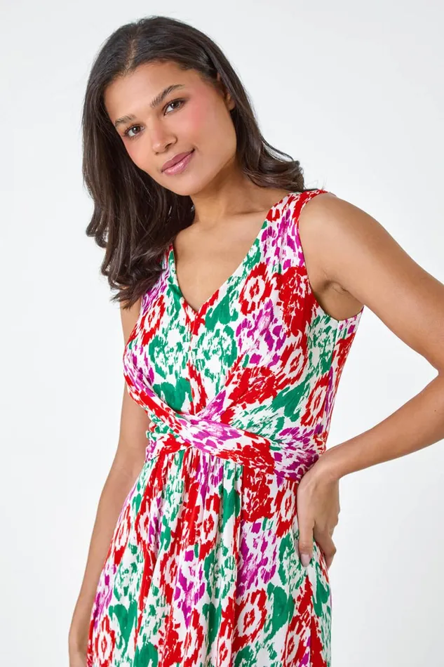Women Multi Aztec Print Twist Waist Midi Dress Roman Dresses