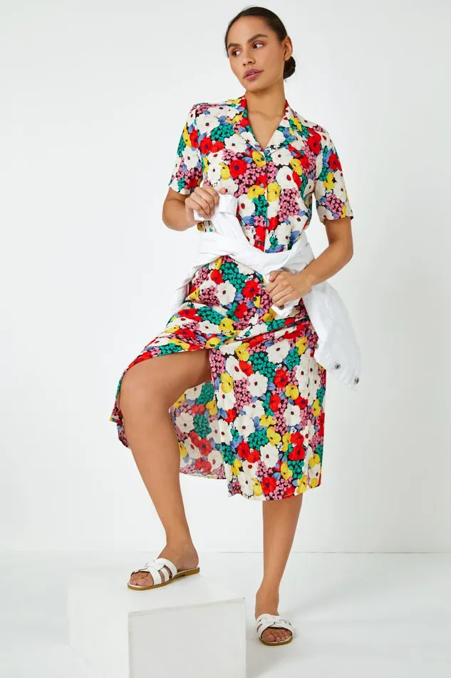 Women Multi Bold Floral Shirt Dress Roman Dresses