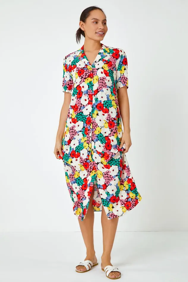 Women Multi Bold Floral Shirt Dress Roman Dresses