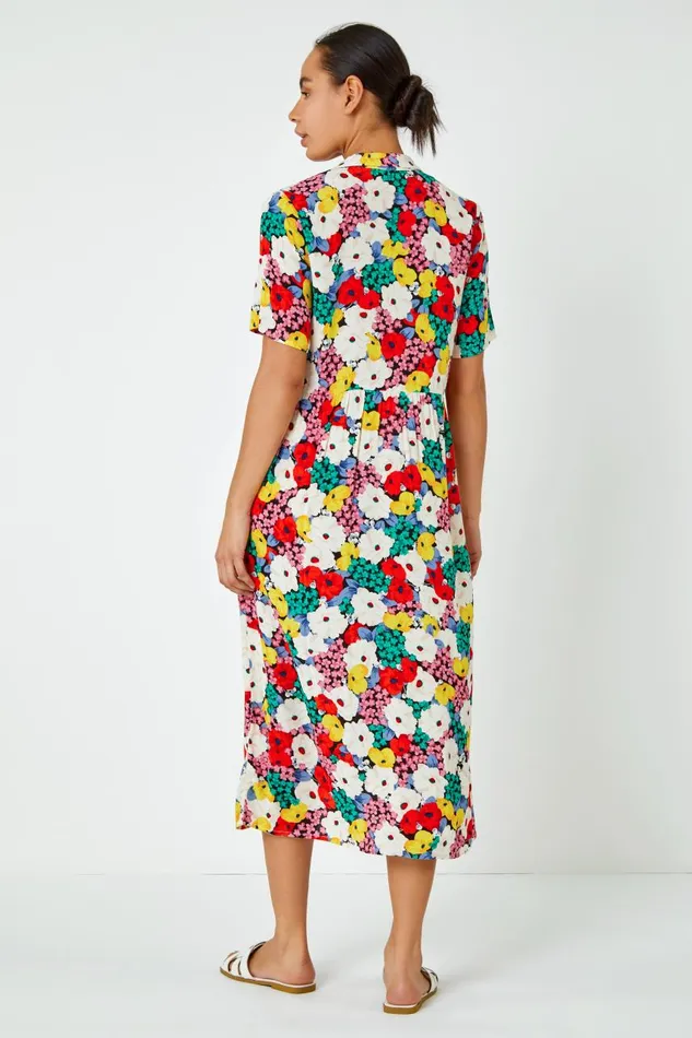 Women Multi Bold Floral Shirt Dress Roman Dresses