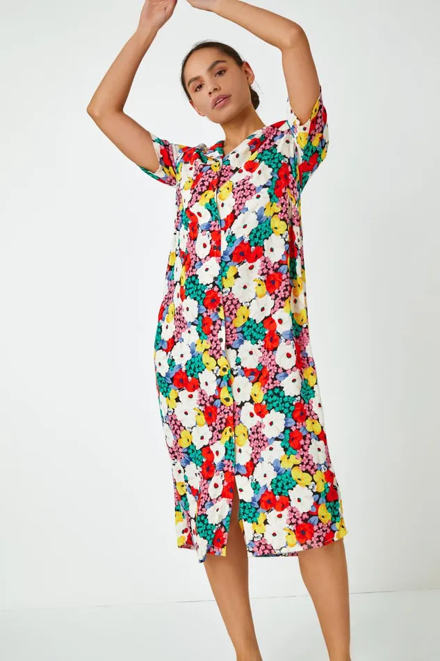 Women Multi Bold Floral Shirt Dress Roman Dresses