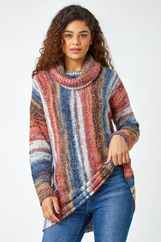 Women Multi Boucle Stripe Cowl Neck Jumper Roman Knitwear