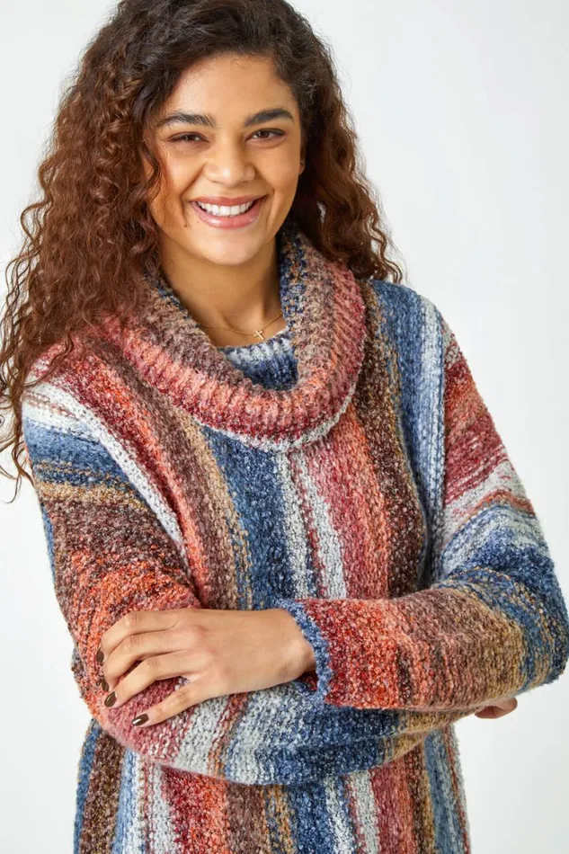 Women Multi Boucle Stripe Cowl Neck Jumper Roman Knitwear