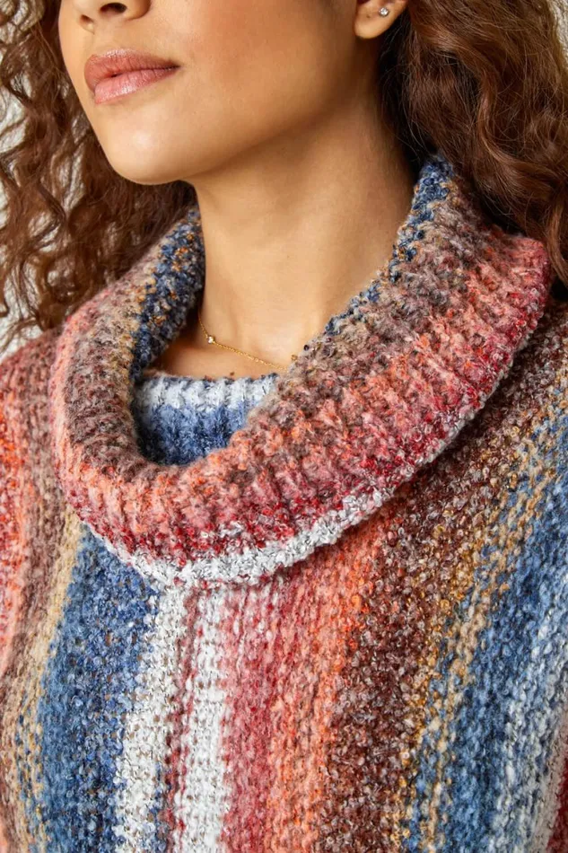 Women Multi Boucle Stripe Cowl Neck Jumper Roman Knitwear