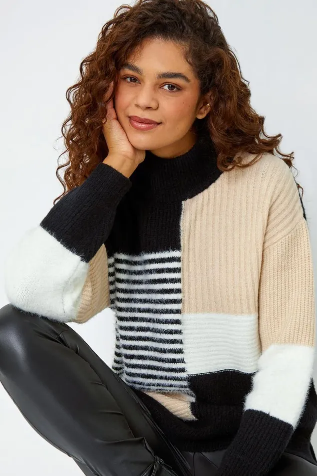 Women Multi Colour Block Stripe Stretch Jumper Roman Knitwear