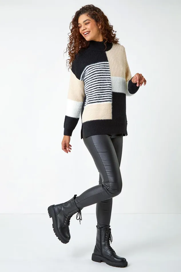 Women Multi Colour Block Stripe Stretch Jumper Roman Knitwear