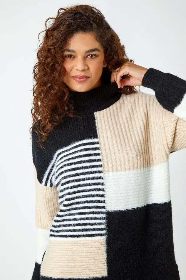 Women Multi Colour Block Stripe Stretch Jumper Roman Knitwear