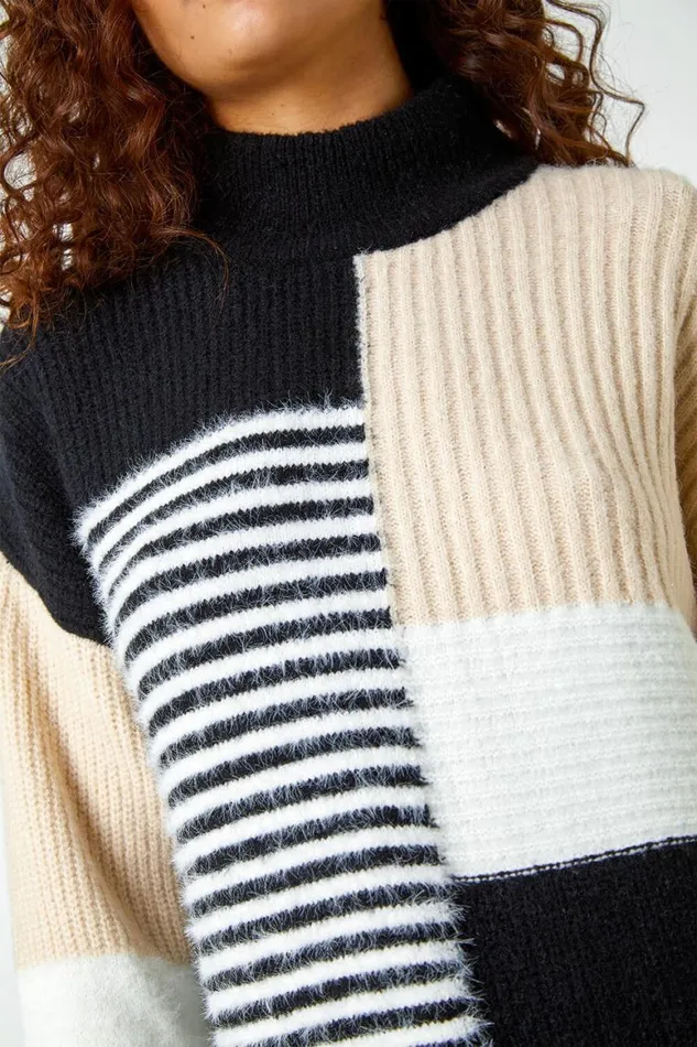 Women Multi Colour Block Stripe Stretch Jumper Roman Knitwear