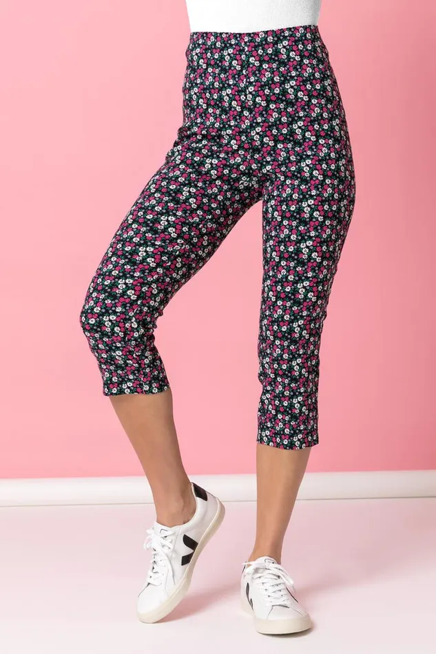 Women Multi Ditsy Floral Cropped Stretch Trouser Roman Trousers