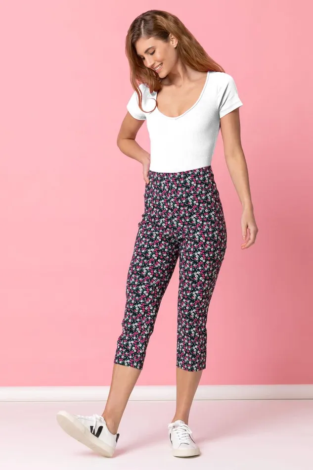 Women Multi Ditsy Floral Cropped Stretch Trouser Roman Trousers