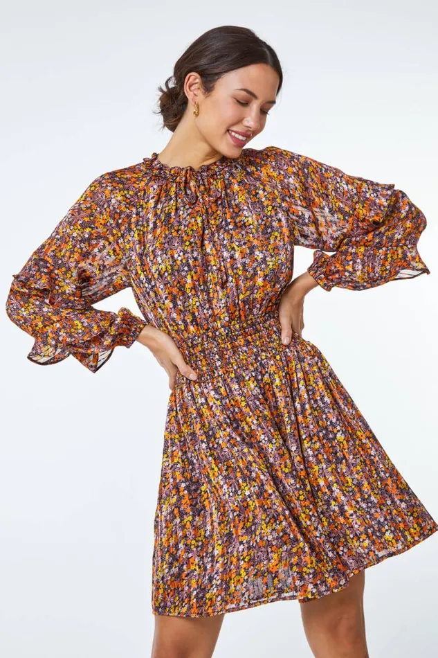 Women Multi Floral Print Chiffon Frill Mini Dress Roman Dresses