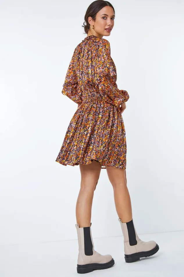 Women Multi Floral Print Chiffon Frill Mini Dress Roman Dresses