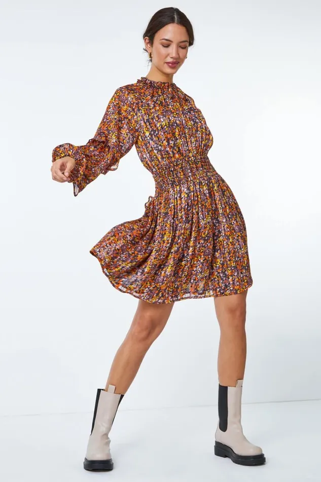 Women Multi Floral Print Chiffon Frill Mini Dress Roman Dresses