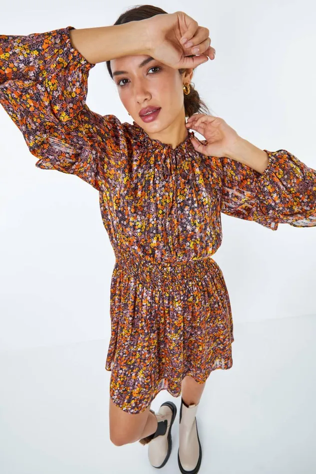 Women Multi Floral Print Chiffon Frill Mini Dress Roman Dresses