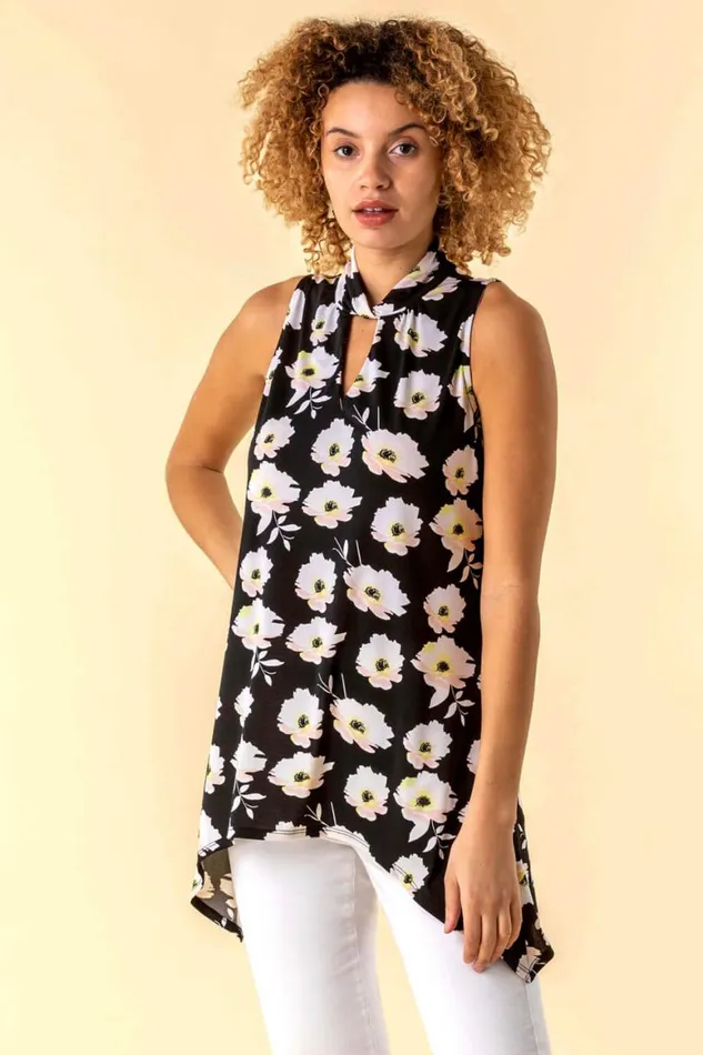 Women Multi Floral Twist Neck Vest Top Roman Tops