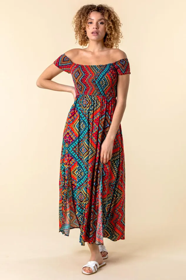 Women Multi Shirred Aztec Print Bardot Dress Roman Dresses