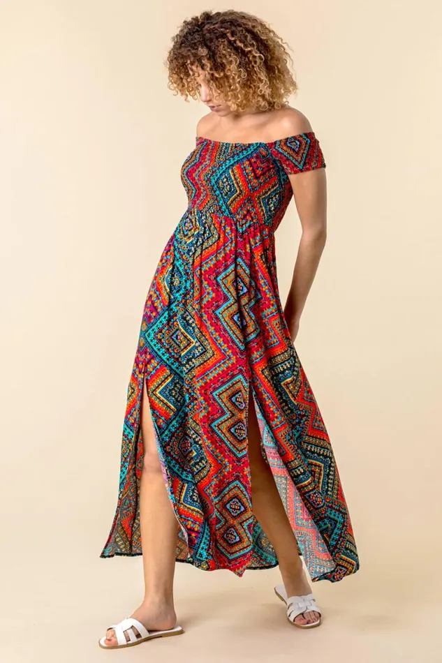 Women Multi Shirred Aztec Print Bardot Dress Roman Dresses