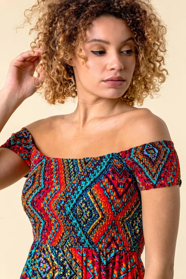 Women Multi Shirred Aztec Print Bardot Dress Roman Dresses