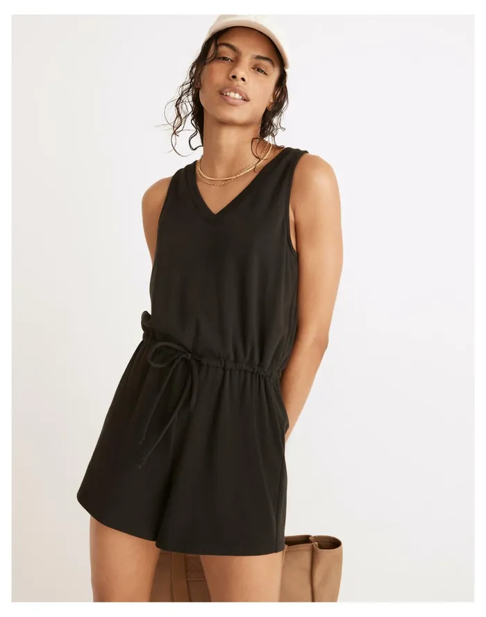 Women MWL Breeze Drawstring Romper True Black Madewell Pajamas