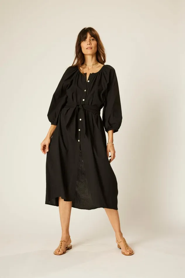 Women Natalie Martin Dresses Alex Midi With Sash Black Flat Cotton