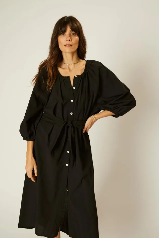 Women Natalie Martin Dresses Alex Midi With Sash Black Flat Cotton