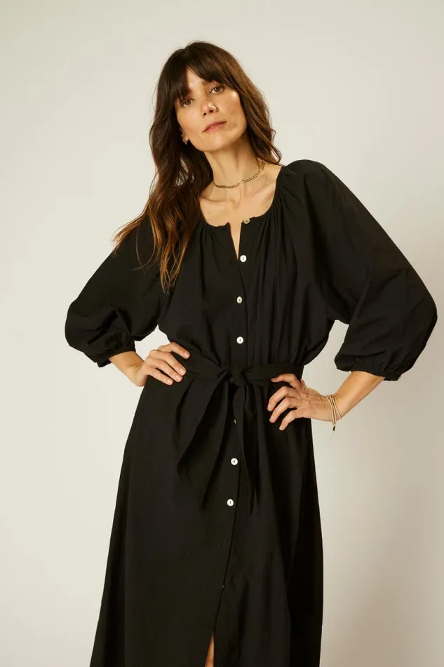 Women Natalie Martin Dresses Alex Midi With Sash Black Flat Cotton