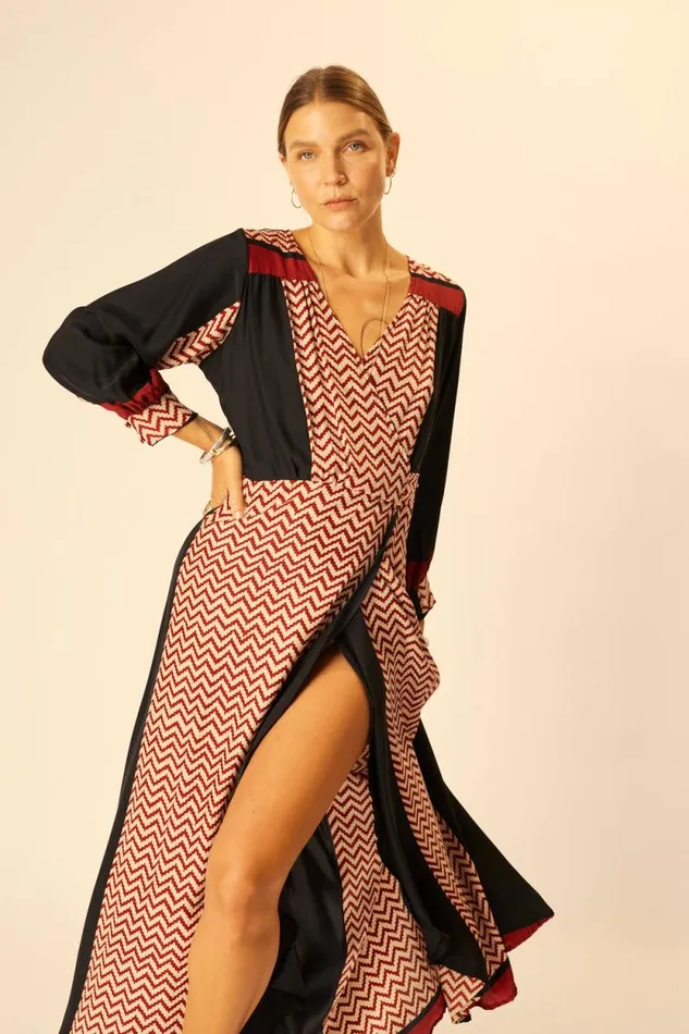 Women Natalie Martin Dresses Kate Long Sleeve Maxi Block Zigzag Noire