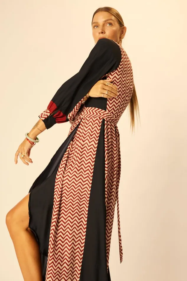 Women Natalie Martin Dresses Kate Long Sleeve Maxi Block Zigzag Noire