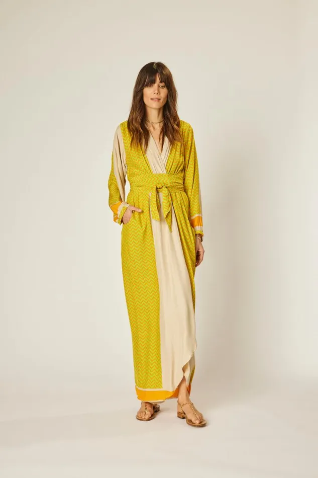 Women Natalie Martin Dresses Nico LS Maxi With Sash Block Zigzag Tangerine
