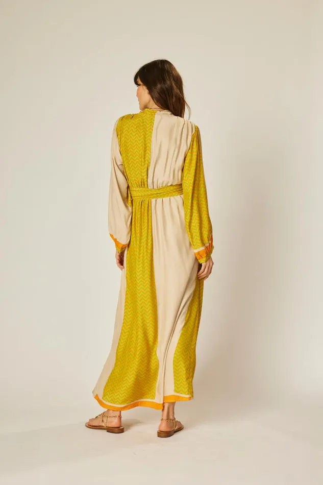 Women Natalie Martin Dresses Nico LS Maxi With Sash Block Zigzag Tangerine