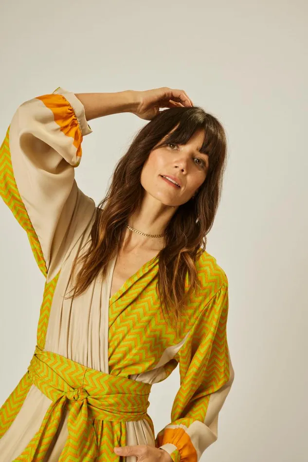 Women Natalie Martin Dresses Nico LS Maxi With Sash Block Zigzag Tangerine