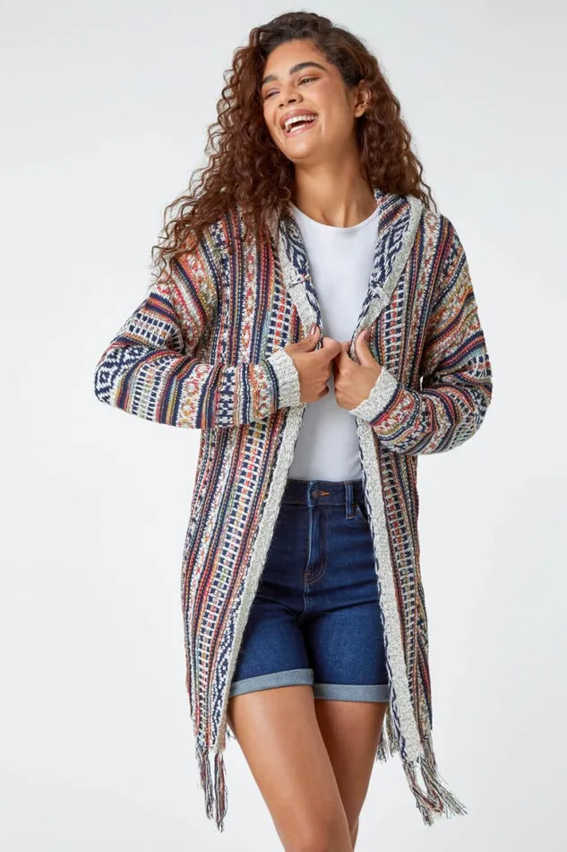 Women Natural Aztec Print Tassel Hem Longline Cardigan Roman Knitwear