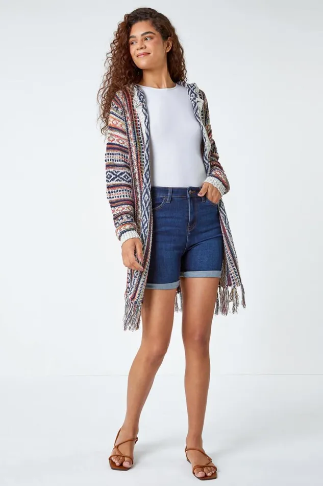 Women Natural Aztec Print Tassel Hem Longline Cardigan Roman Knitwear