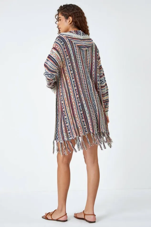 Women Natural Aztec Print Tassel Hem Longline Cardigan Roman Knitwear