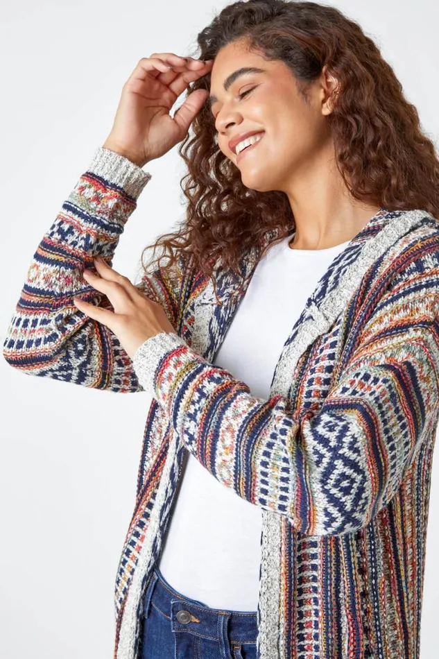 Women Natural Aztec Print Tassel Hem Longline Cardigan Roman Knitwear