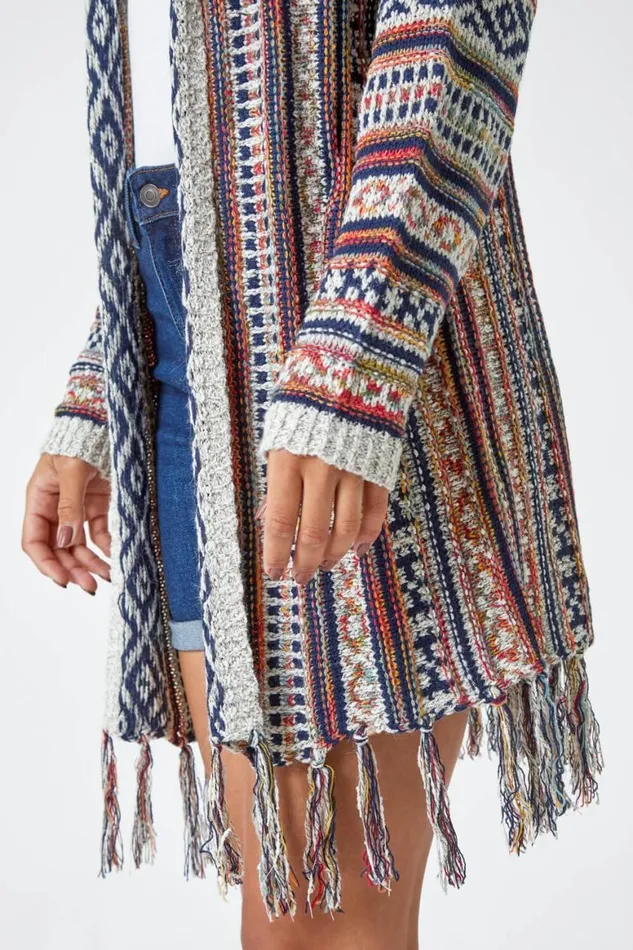 Women Natural Aztec Print Tassel Hem Longline Cardigan Roman Knitwear