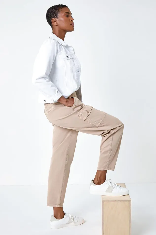 Women Natural Casual Elastic Waist Cropped Cargo Trousers Roman Trousers