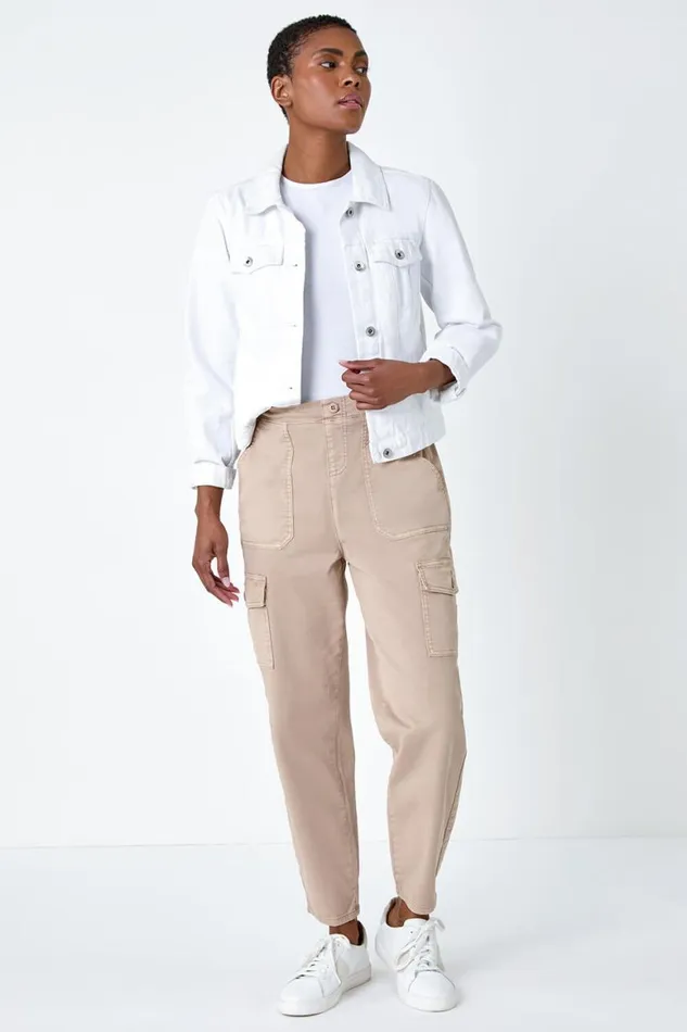 Women Natural Casual Elastic Waist Cropped Cargo Trousers Roman Trousers