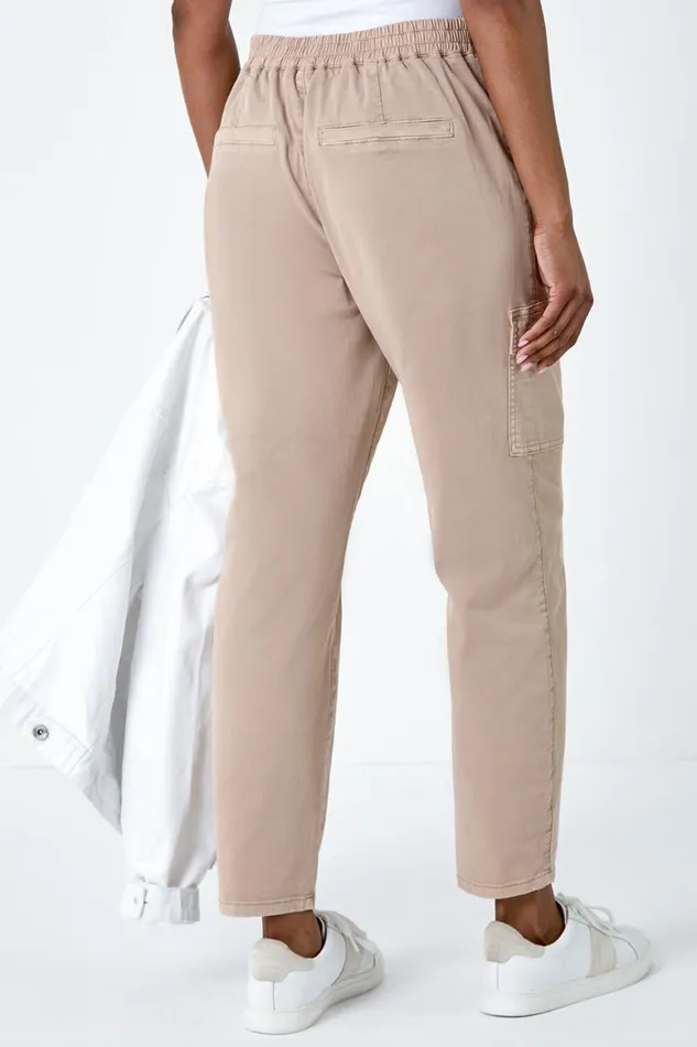 Women Natural Casual Elastic Waist Cropped Cargo Trousers Roman Trousers