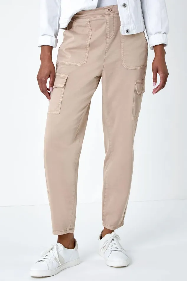 Women Natural Casual Elastic Waist Cropped Cargo Trousers Roman Trousers