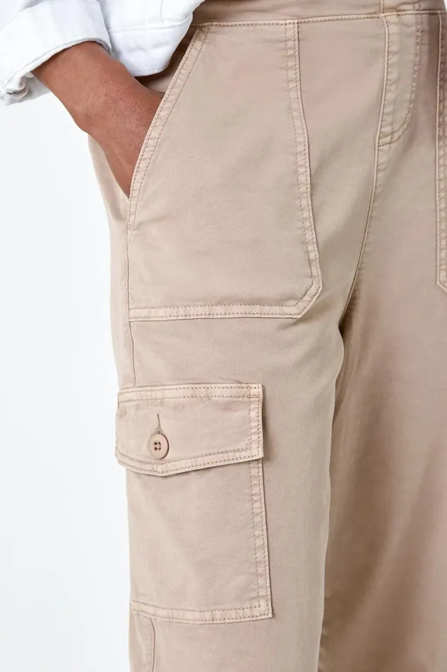 Women Natural Casual Elastic Waist Cropped Cargo Trousers Roman Trousers