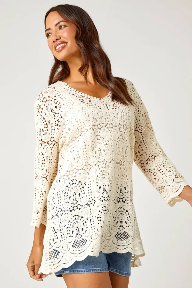 Women Natural Cotton Crochet Tunic Top Roman Tops
