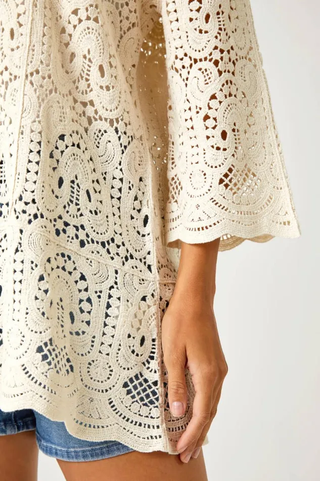 Women Natural Cotton Crochet Tunic Top Roman Tops
