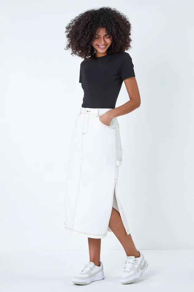 Women Natural Cotton Denim Side Split Midi Skirt Roman Skirts