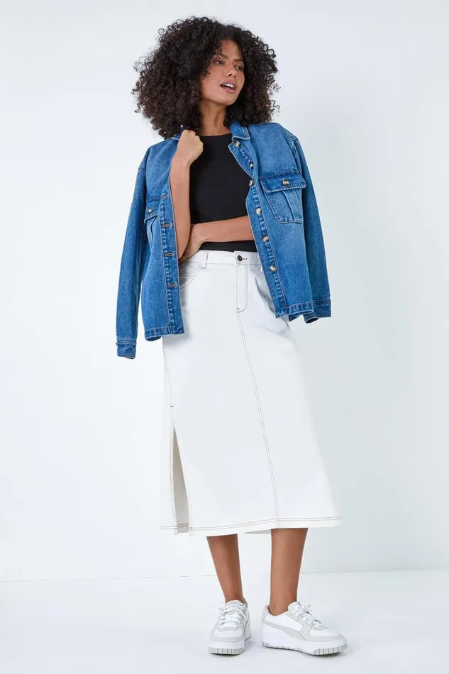 Women Natural Cotton Denim Side Split Midi Skirt Roman Skirts