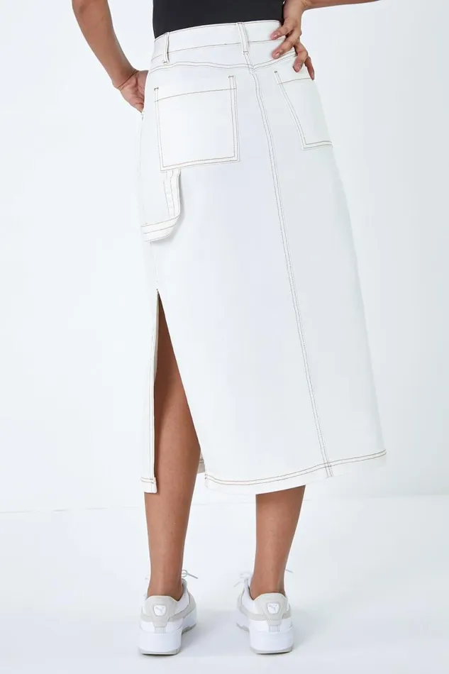 Women Natural Cotton Denim Side Split Midi Skirt Roman Skirts