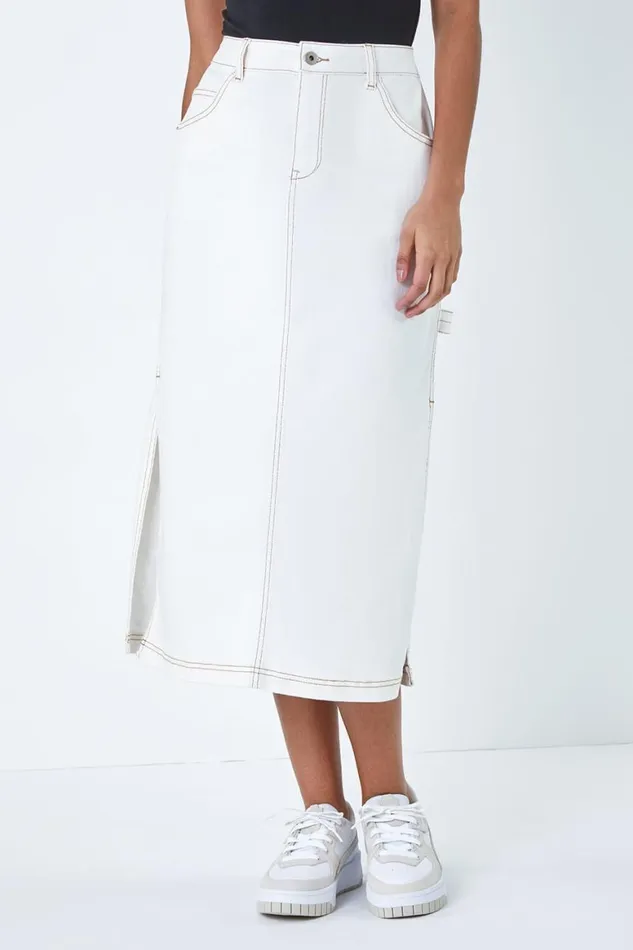 Women Natural Cotton Denim Side Split Midi Skirt Roman Skirts