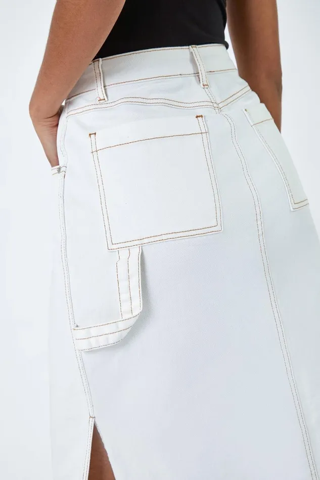 Women Natural Cotton Denim Side Split Midi Skirt Roman Skirts
